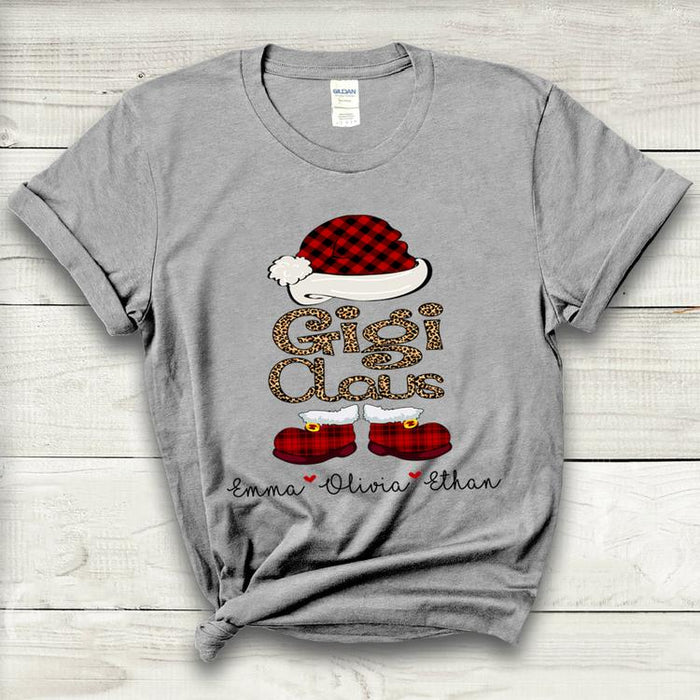 Personalized T-Shirt For Grandma Gigi Claus Funny Santa Claus Red Buffalo Plaid Design Custom Grandkids Name