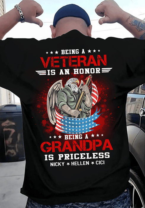 Personalized T-Shirt Being A Veteran Is An Honor Being A Grandpa Is Priceless Eagle Man US Flag Custom Grandkids Name