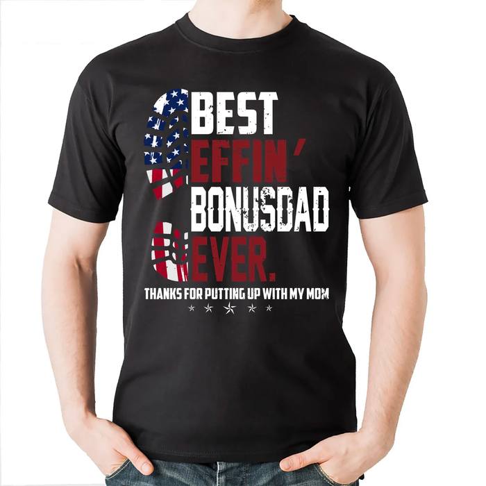 Personalized T-Shirt For Bonus Dad Vintage Footprint USA Flag Design Custom Kids Name Independence Day Shirt