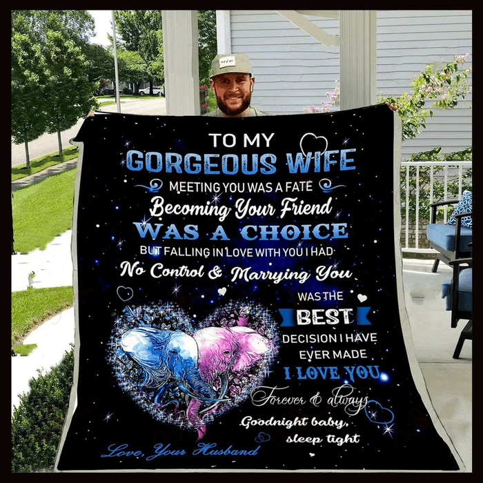 Personalized Blanket To My Gorgeous Wife On Mothers Day Blue Pink Elephant In Heart Blanket Custom Name