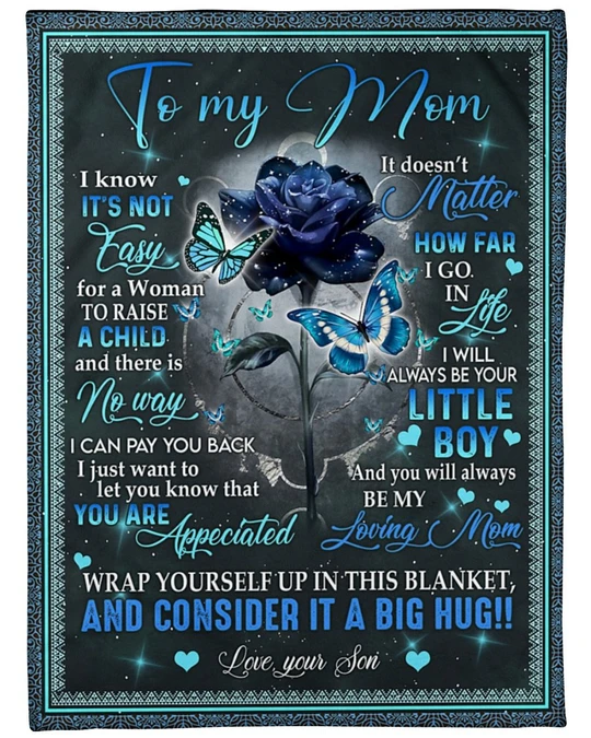 Personalized Lovely Fleece Blanket To My Mom From Son Blue Butterfly & Rose Prints Custom Name Blankets Gifts