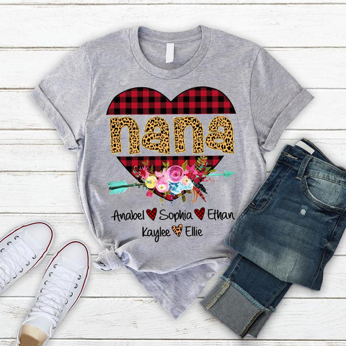 Personalized T-Shirt For Grandma Mana Plaid Heart & Flower Printed Leopard Floral Design Custom Grandkids Name