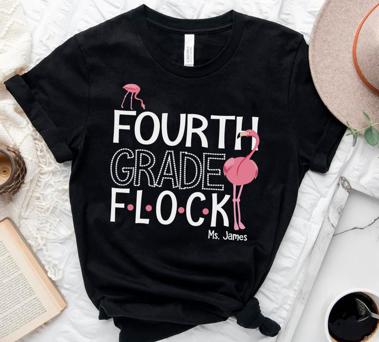 Personalized T-Shirt For Teacher Forth Grade Flock Pink Flamingo Printed Custom Name Back To School Outfit