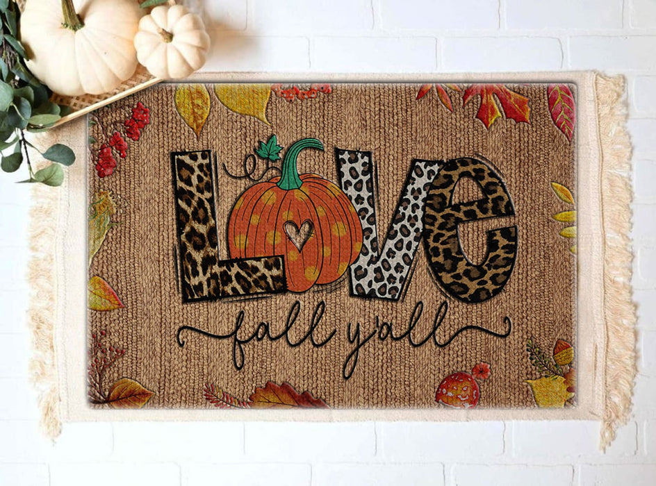 Welcome Doormat For Fall Lovers Love Fall Y'all Cute Pumpkin With Heart And Leaves Printed Leopard Polka Dot Design