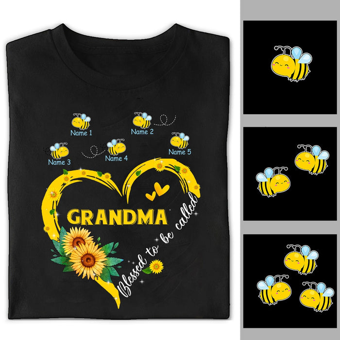 Personalized T-Shirt For Grandma Blessed To Be Called Nana Sunflower Heart *& Cute Bees Printed Custom Grandkids Name