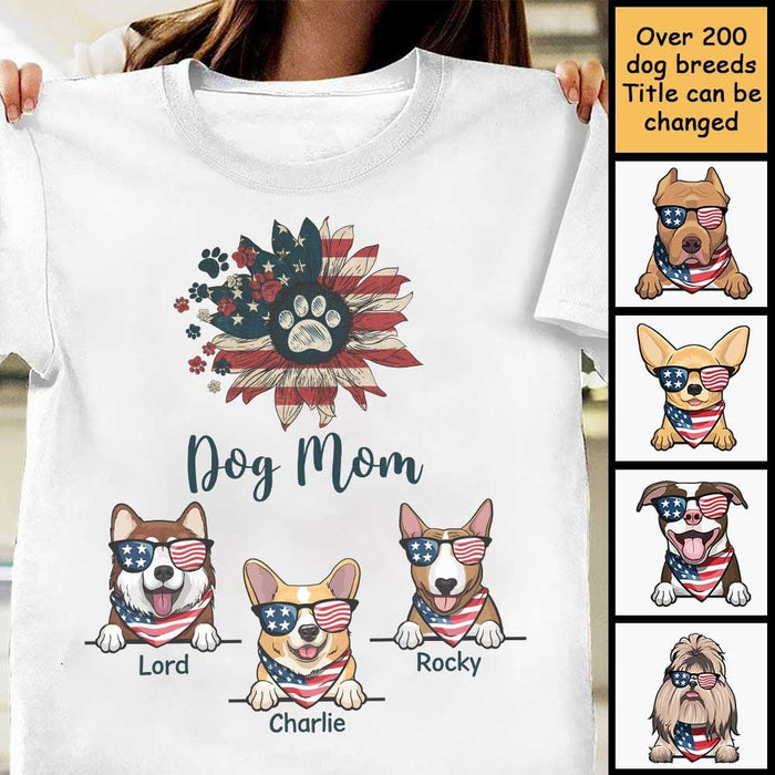 Personalized T-Shirt Dog Mom With Sunflower Shirt Vintage US Flag Shirt Custom Dogs Name Shirt For Independence Day