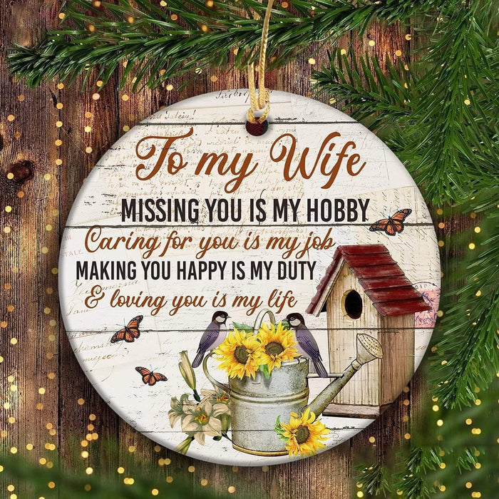 Personalized Circle Ornament To My Wife Missing You Is My Hobby From Husband Rustic Sunflower With Bird And Butterflies
