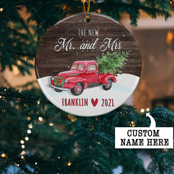 Personalized Ornament For Newlyweds The New Mr And Mrs Retro Red Truck With Xmas Tree Ornament Custom Last Name And Year