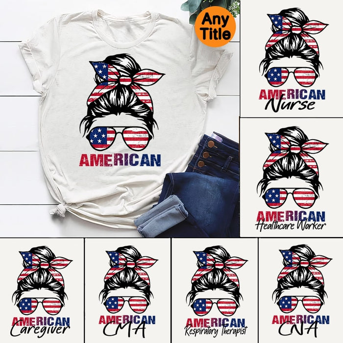 Personalized T-Shirt American Nurse Shirt Girl With Glasses Headband Shirt US Flag Shirt For Independence Day