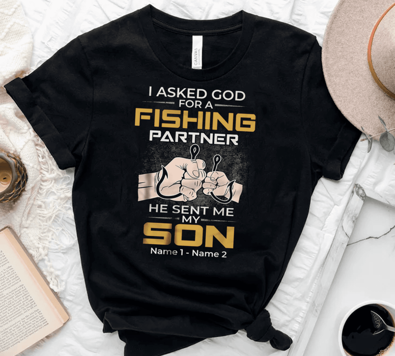 Personalized T-Shirt For Fishing Lovers To Dad I Asked God Fist Bump And Fish Hook Printed Custom Kids Name