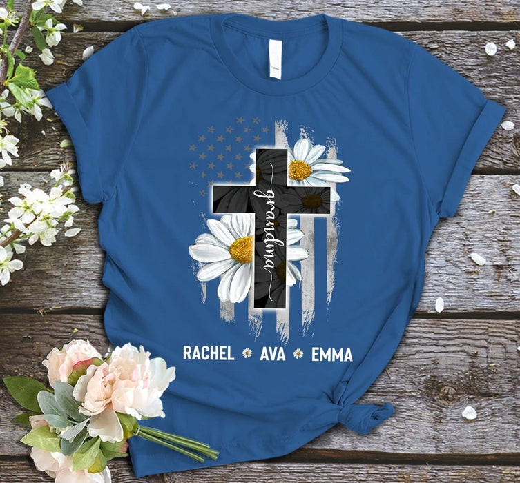 Personalized T-Shirt For Grandma Daisy Flower And Cross American Flag Printed Custom Grandkid's Name