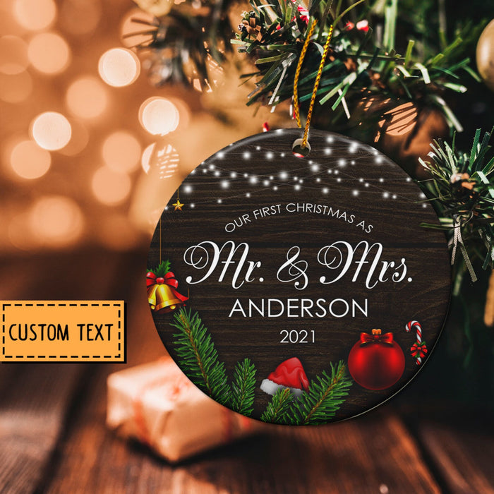 Personalized Ornament For Newlyweds Our First Christmas As Mr And Mrs Pine String Lights Ornament Custom Name And Year