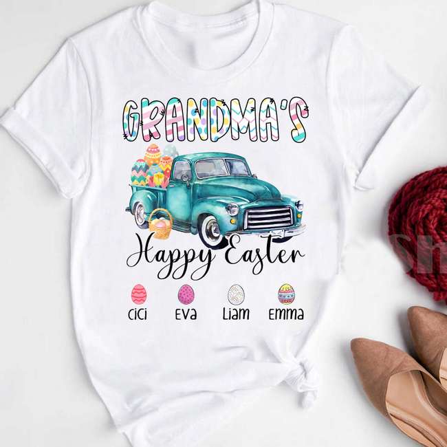 Personalized T-Shirt Grandma'S Happy Easter Day Cute Egg Truck Printed Custom Grandkids Name Easter Day Shirt
