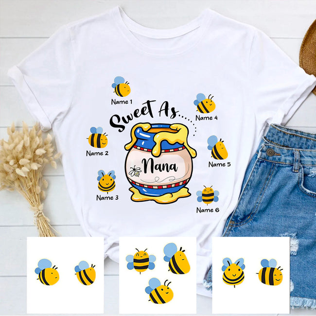 Personalized T-Shirt For Grandma Sweet As Nana Shirt Honey Jar & Cute Bees Printed Custom Grandkids Name