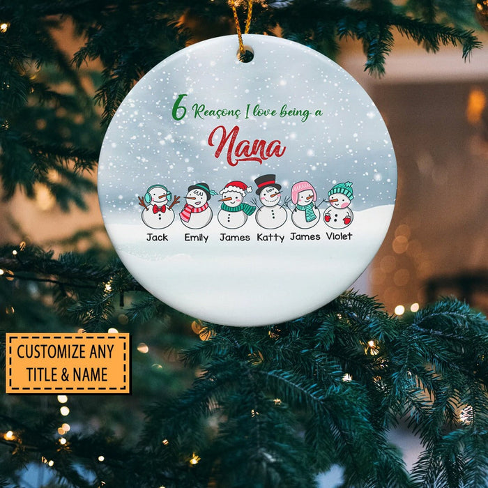 Personalized Reasons I Love Being A Nana Ornament For Grandma Mom Custom Nana With Multi Snowman Grandkids Name Ornament