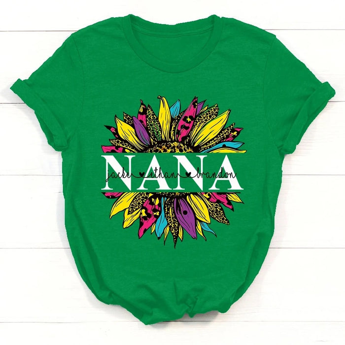 Personalized Nana Leopard Colorful Sunflower T-Shirt Idea Custom Grandma with Grandkids Names Shirts