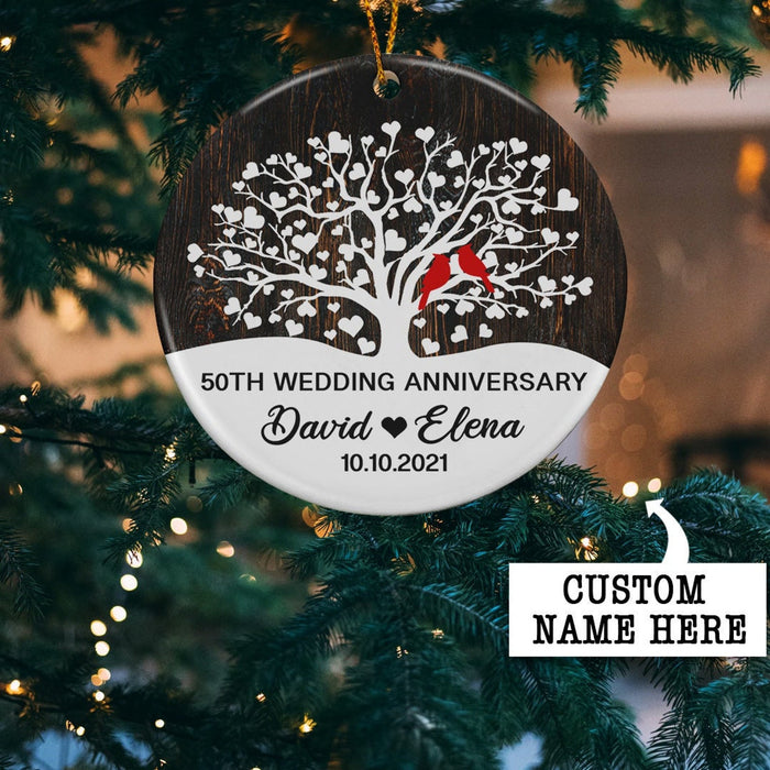 Personalized Ornament For Couple Parents 50th Wedding Anniversary Cardinal In Tree Heart Ornaments Custom Name And Date