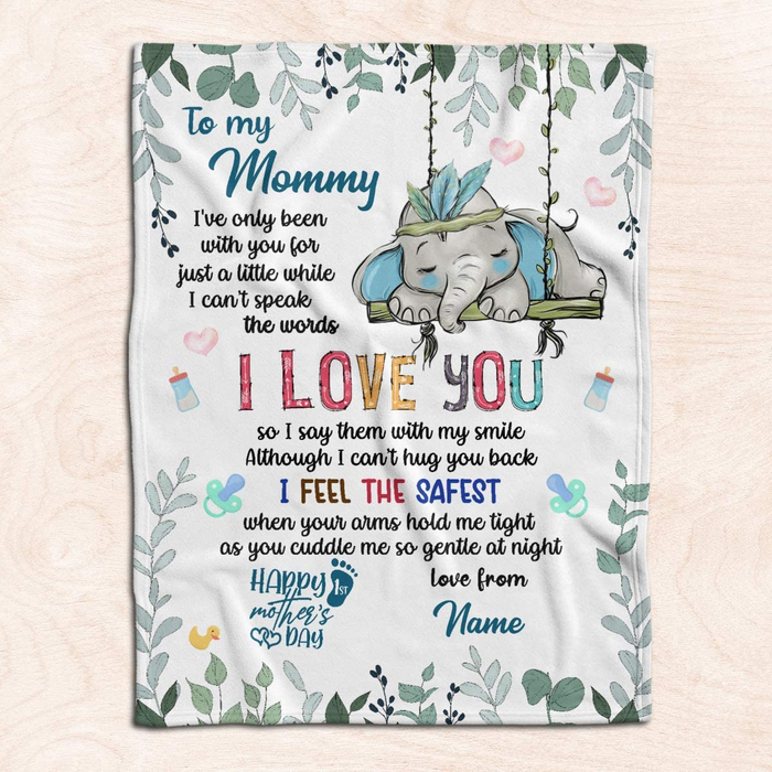 Personalized Fleece Blanket Happy Print Baby Elephant Cute Sweet Massage For Mom Customized Blanket Gift For Mothers Day Thanksgiving Birthday