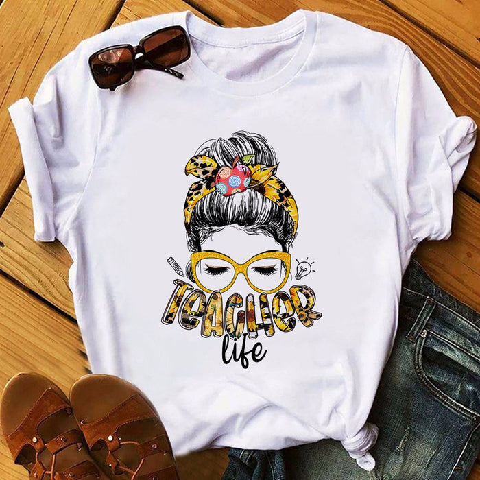 Classic T-Shirt For Teacher Messy Bun Hair Teacher Life Sunflower Leopard Design Apple Headband Back To School Outfit