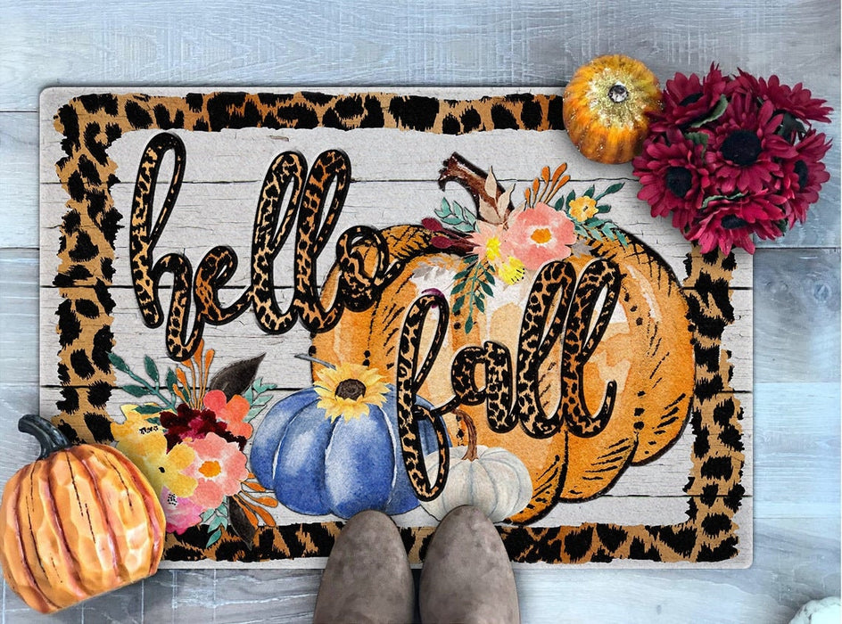 Welcome Doormat For Fall Lovers Hello Fall Cute Pumpkin With Sunflower Printed Leopard Design Wooden Background Doormat