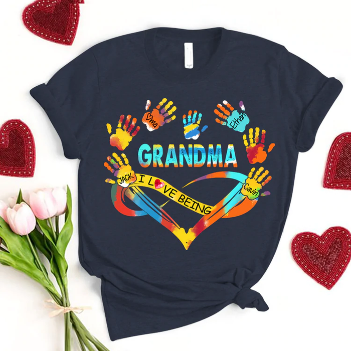 Personalized T-Shirt For Grandma Infinity Symbol With Heart & Handprint Print Colorful Design Custom Grandkid's Name