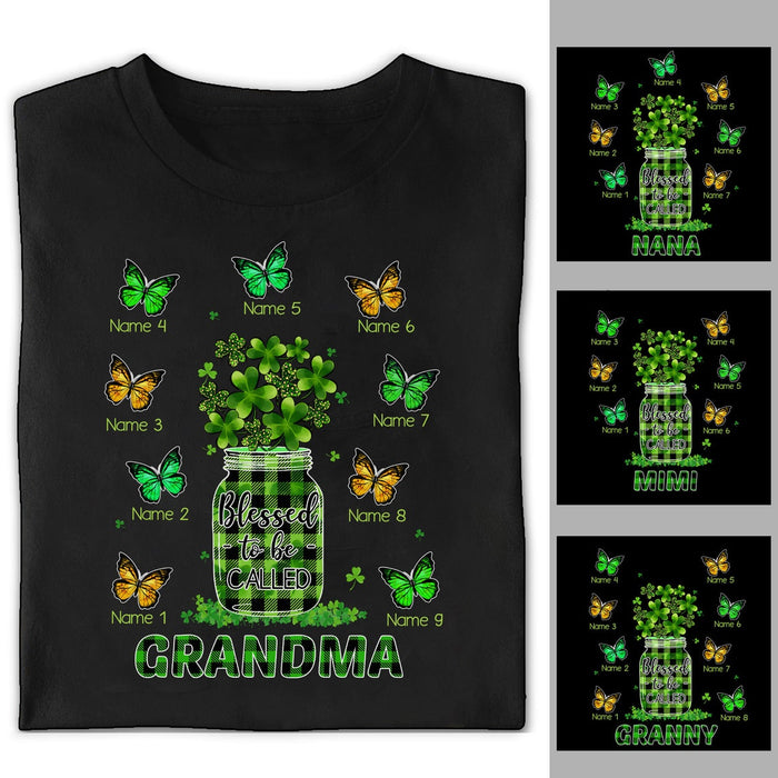 Personalized Patrick'S Day T-Shirt For Grandma Vase Of Shamrock & Butterfly Printed Custom Grandkids Name