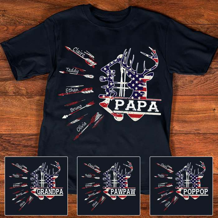 Personalized T-Shirt For Hunting Lovers Grandpa Papa Bow Hunting American Flag Custom Grandkids Name 4th July Shirt
