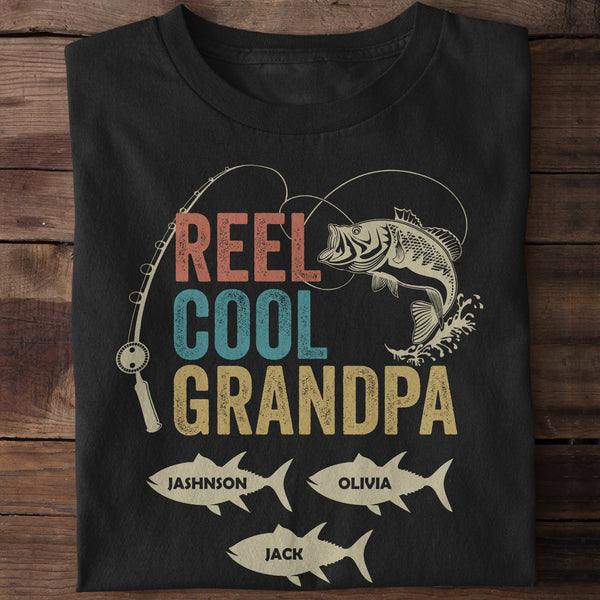 Personalized T-Shirt For Fishing Lovers Reel Cool Grandpa Fishing Rod & Big Fish Printed Custom Grandkids Name