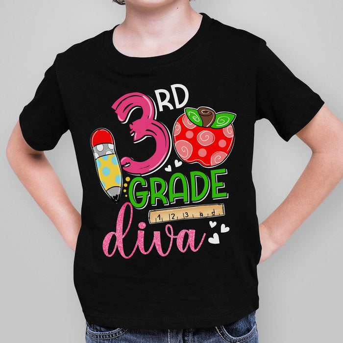 Personalized T-Shirt For Kids 3rd Grade Diva Colorful Design Apple & Pencil Custom Grade Level Back To School Outfit