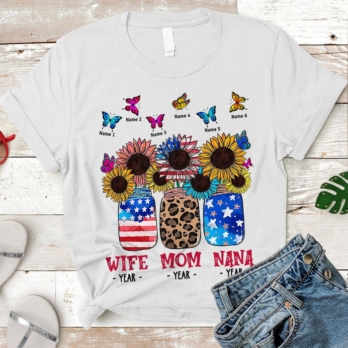 Personalized T-Shirt For Grandma Wife Mom Nana USA Flag & Sunflower Design Custom Grandkids Name 4th July Day Shirt