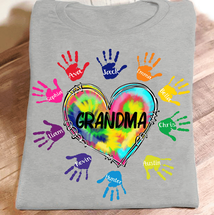 Personalized T-Shirt For Grandma Tie Dye Heart & Colorful Handprint Design Custom Grandkids Name Mother's Day Shirt