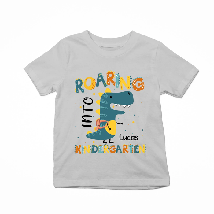 Personalized T-Shirt For Kids Roaring Into Colorful Design Dinosaur Print Custom Name Back To School Outfit