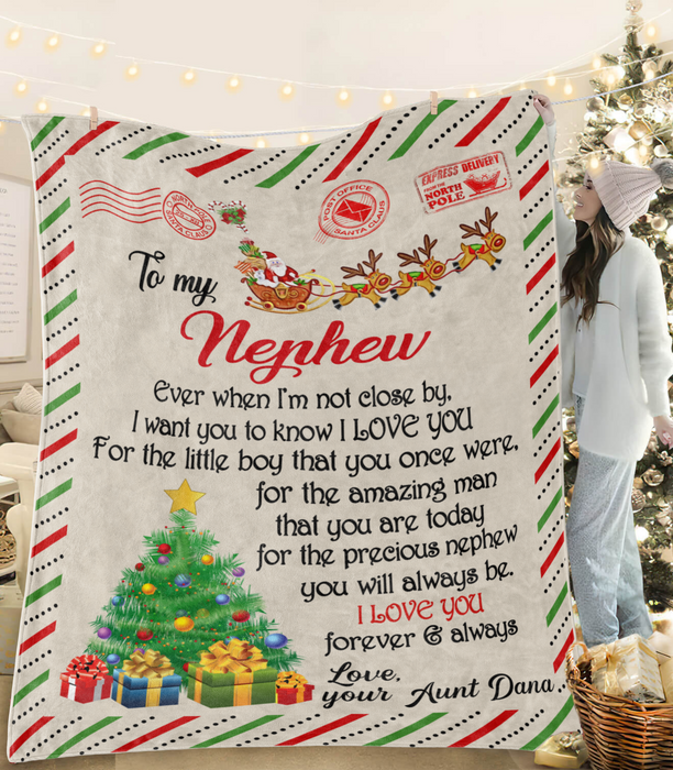 Personalized To My Nephew Blanket From Auntie Uncle Reindeer Lover Letter Xmas Pine Tree Custom Name Gifts For Christmas