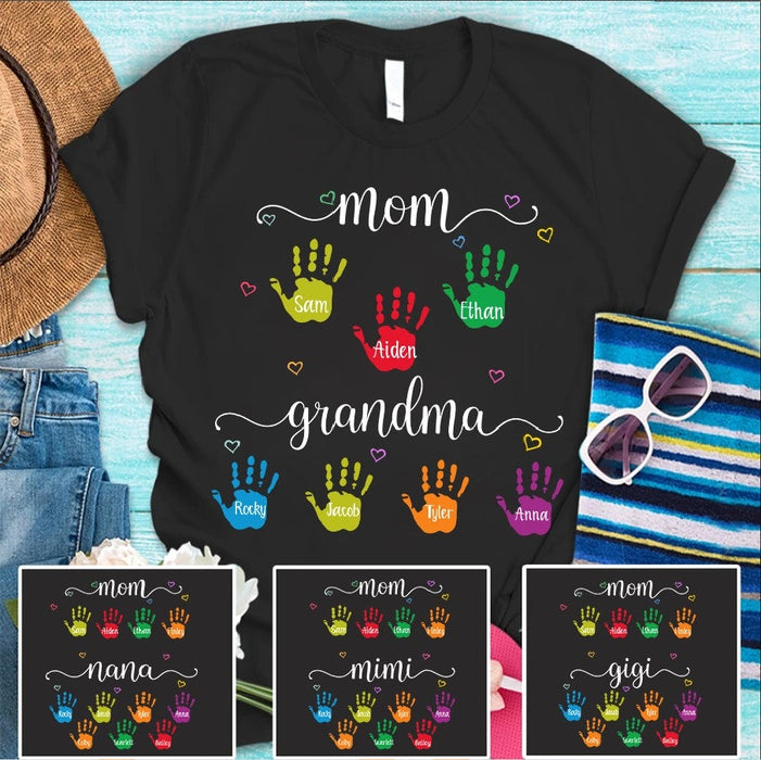 Personalized T-Shirt For Mom Grandma Colorful Cute Handprints & Heart Printed Custom Kids Grandkids Name