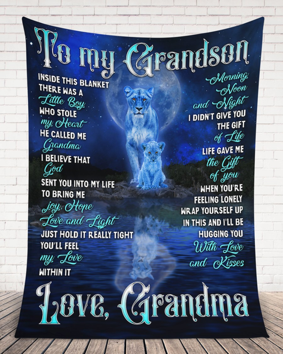 Personalized To My Grandson Blanket From Grandma Inside This Blanket There Was A Little Boy Old Lion & Baby Lion Printed