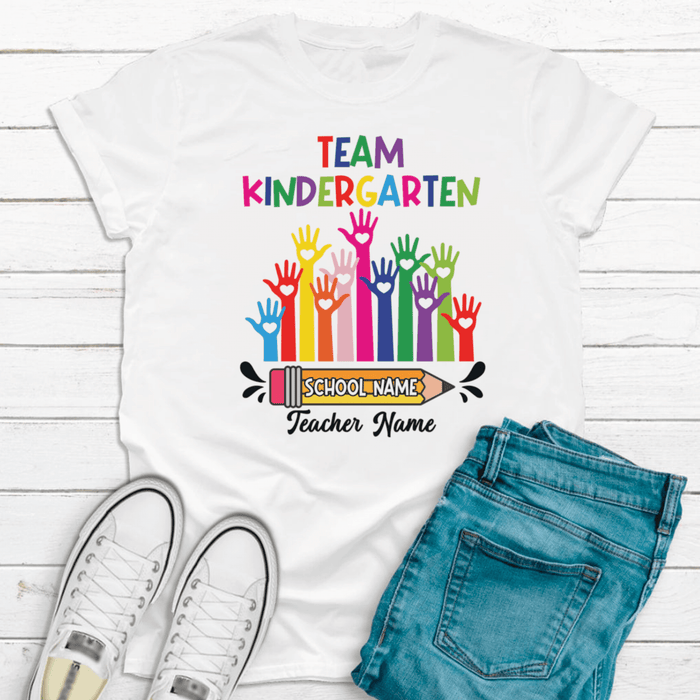 Personalized T-Shirt For Teacher Colorful Raised Hand Design Pencil Print Custom Name Back To School Outfit