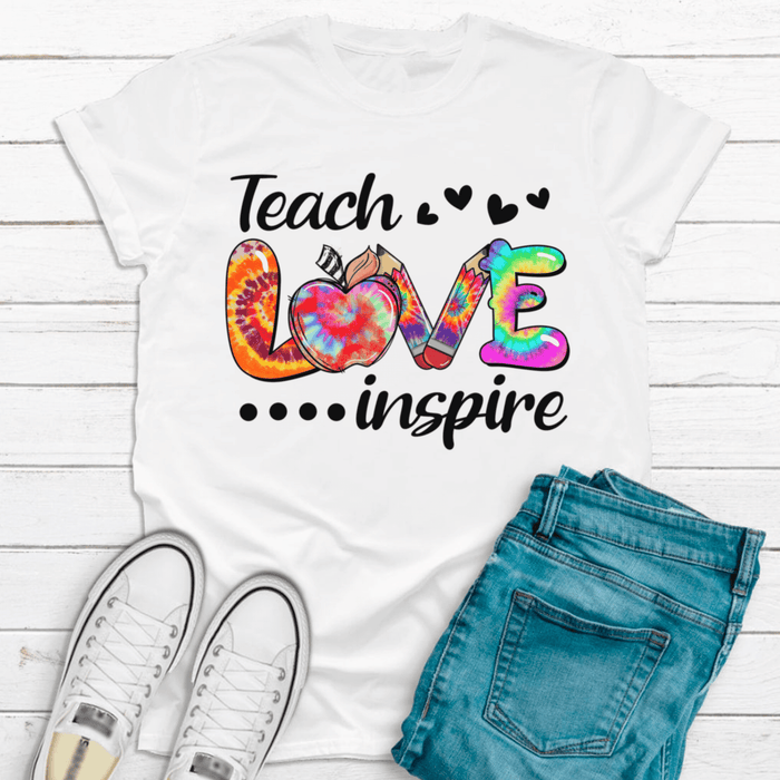 Classic T-Shirt For Teacher Teach Inspire Tie Dye Apple Design Pencil Print Custom Name Back To School Outfit