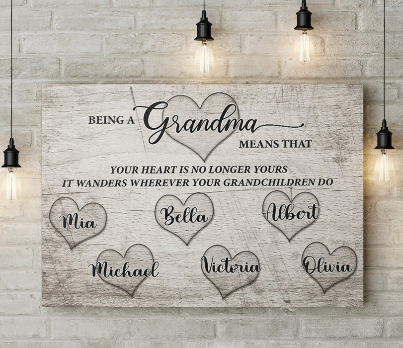 Personalized Matte Canvas For Grandma Vintage Heart Design Wooden Background Custom Grandkids Name Canvas Poster