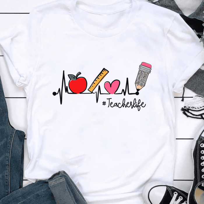 Personalized T-Shirt For Teacher Heartbeat School Supplies Teacher Life Custom Hashtag Shirt Gifts For Back To School