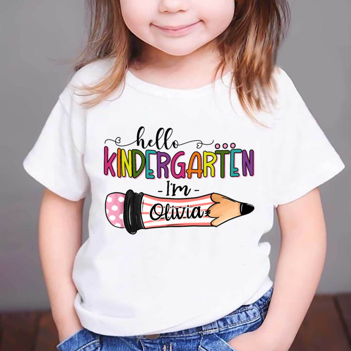 Personalized T-Shirt For Kids Hello Kindergarten Pencil Print Colorful Design Custom Name Back To School Outfit