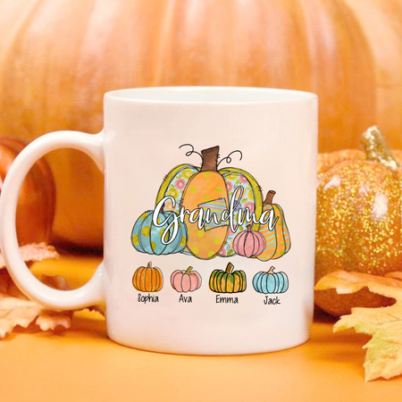 Personalized Coffee Mug Gifts For Grandma Cute Pumpkin Fall Autumn Custom Grandkids Name Thanksgiving White Cup