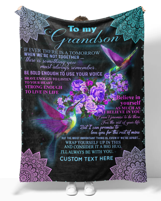 Personalized Purple Mandala Blanket To My Grandson Hummingbird & Flower Fleece Blankets Custom Name