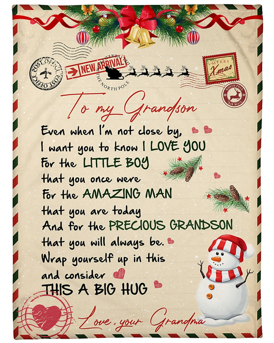 Personalized Letter Xmas Blanket To My Grandson Cute Snowman & Love Airmail Prints Lovely Blankets Custom Name