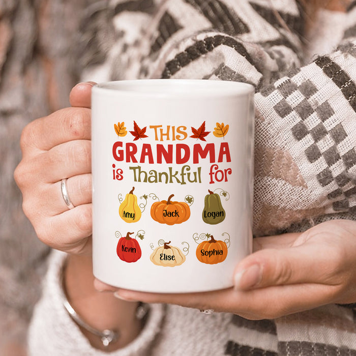 Personalized Ceramic Coffee Mug This Grandma Is Thankful Autumn Leaf & Pumpkin Custom Grandkids Name 11 15oz Cup