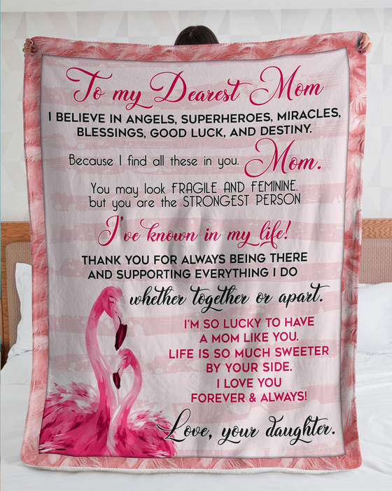 Personalized Blanket To My Mom From Daughter I'm So Lucky To Have You Flamingo Printed Feather Frame Custom Name
