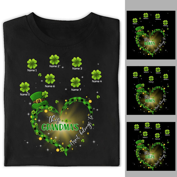 Personalized T-Shirt This Grandma Heart Belongs To Custom Grandkids Name Green Plaid Shamrock Heart Printed