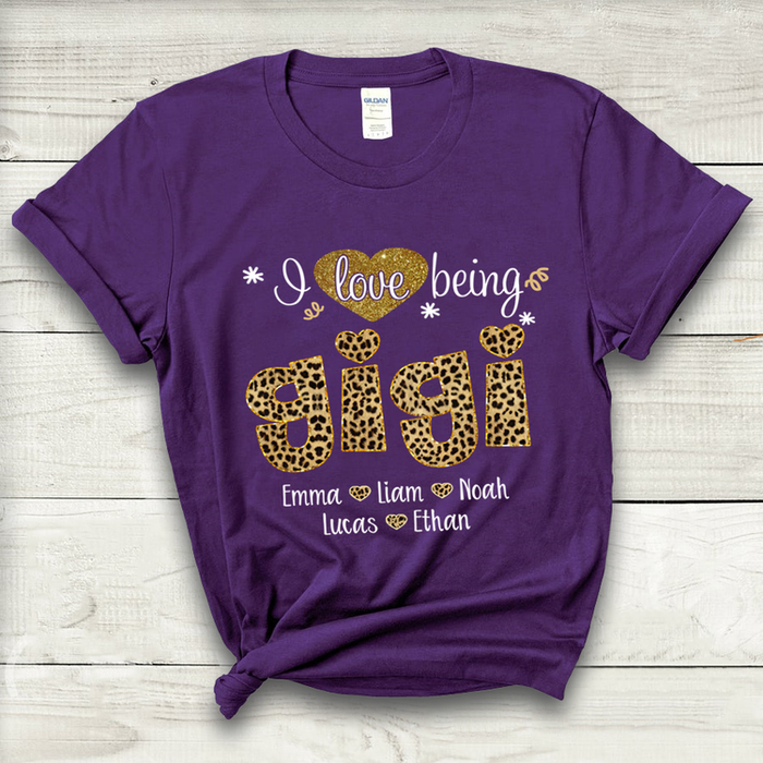 Personalized T-Shirt For Grandma I Love Being Gigi Leopard Design With Hearts Printed Custom Grandkids Name