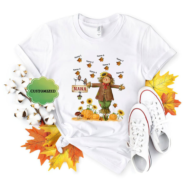 Personalized T-Shirt For Grandma Scarecrow Nana With Pumpkin Sunflower Maple Leaves Printed Custom Grandkid's Name