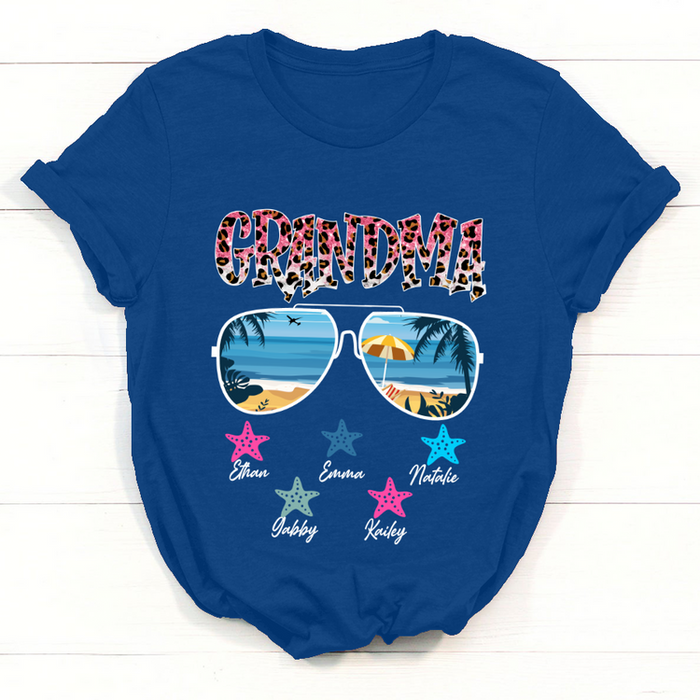 Personalized T-Shirt Blessed Grandma Summer Beach & Leopard Style With Glasses Printed Custom Grandkids Name