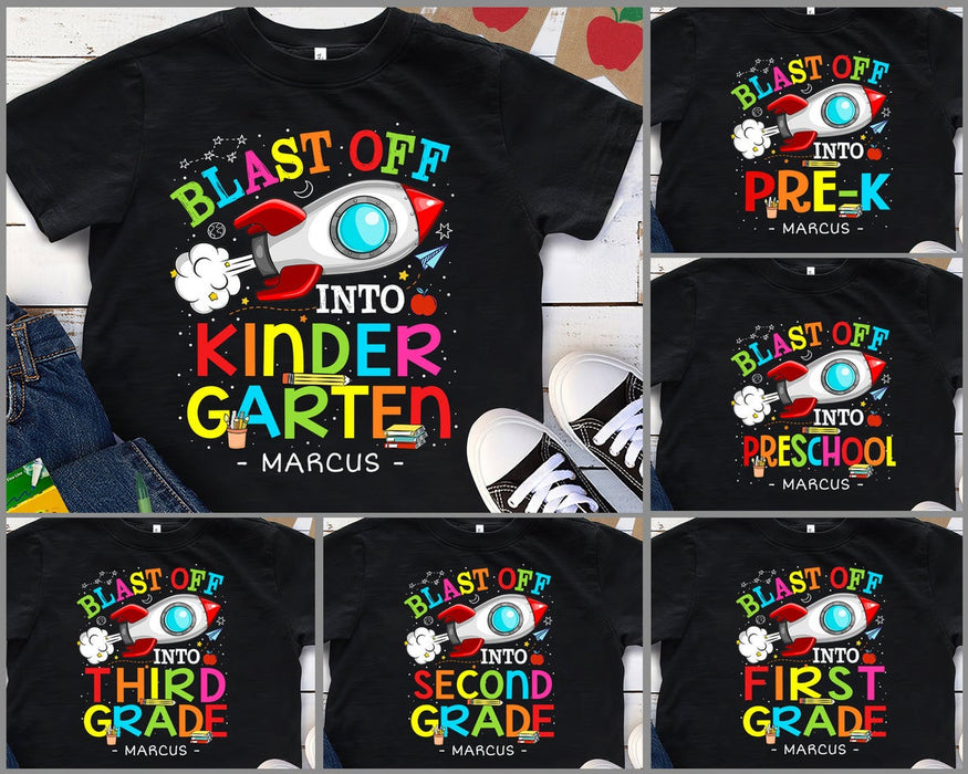 Personalized T-Shirt For Kids Blast Off Into Kindergarten Rocket Printed Color Design Custom Name & Grade Level